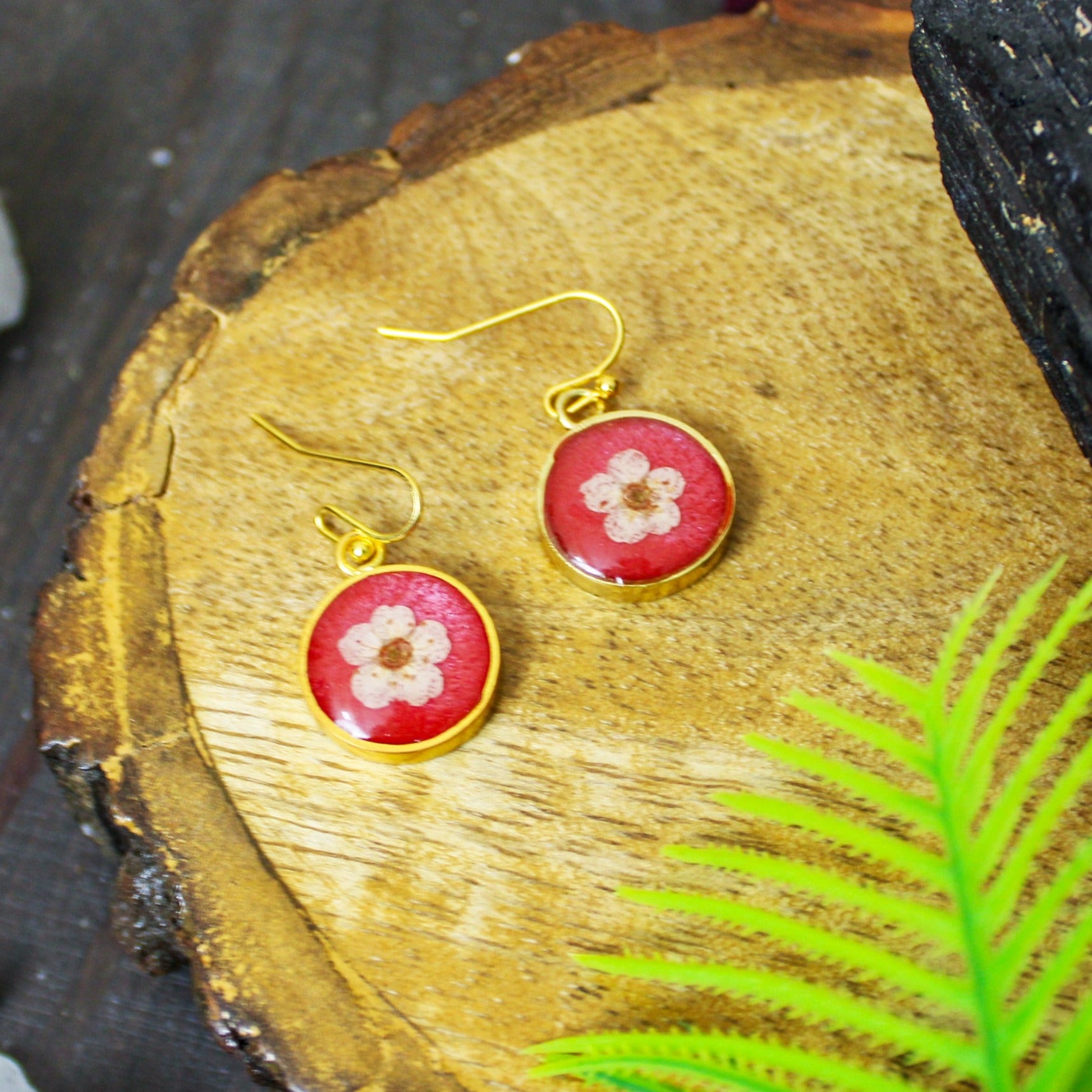 Ruby Rosette Botanical Ear Drops with Real Plum Flowers