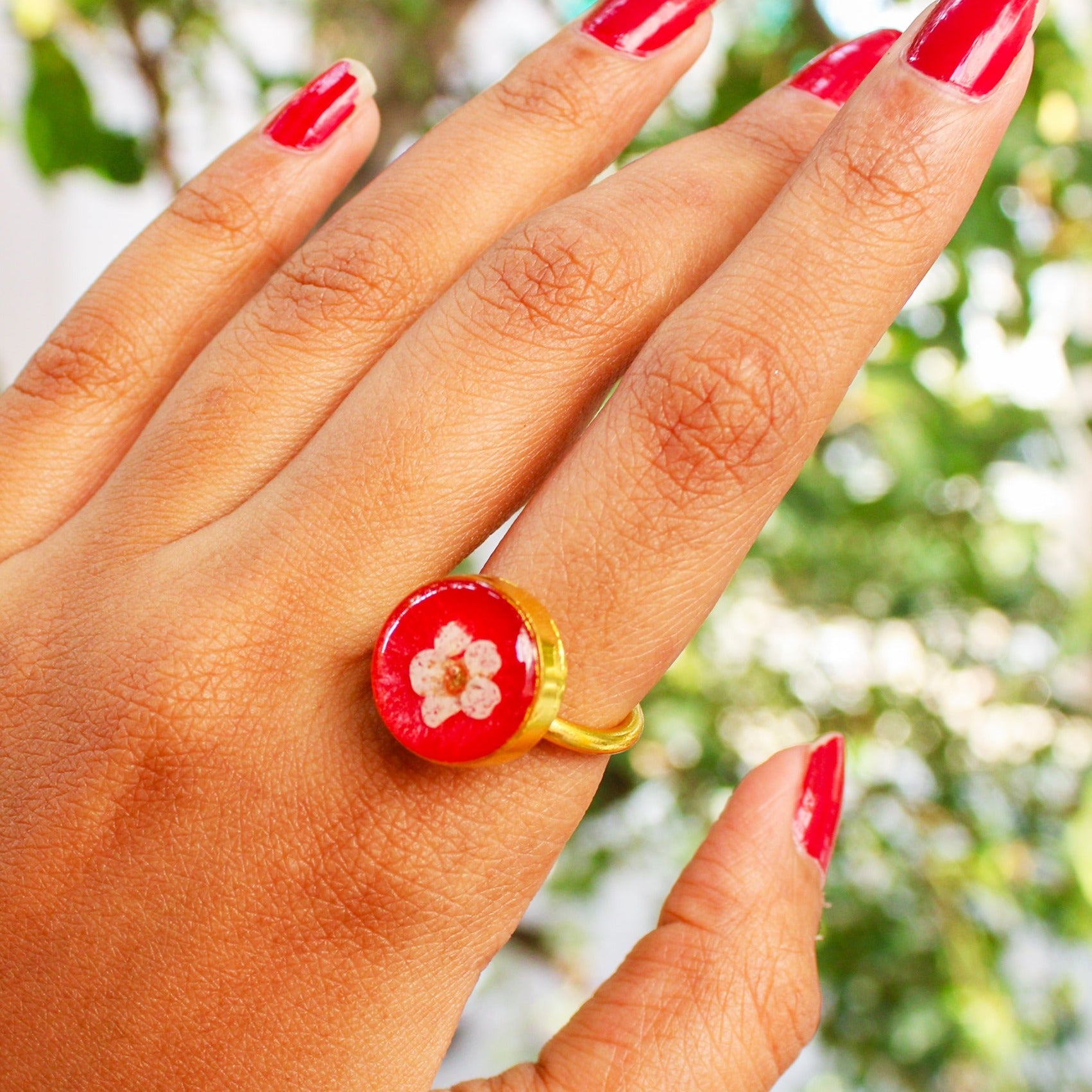 Vermilion Serenade Blossom Ring with Real Plum Flowers