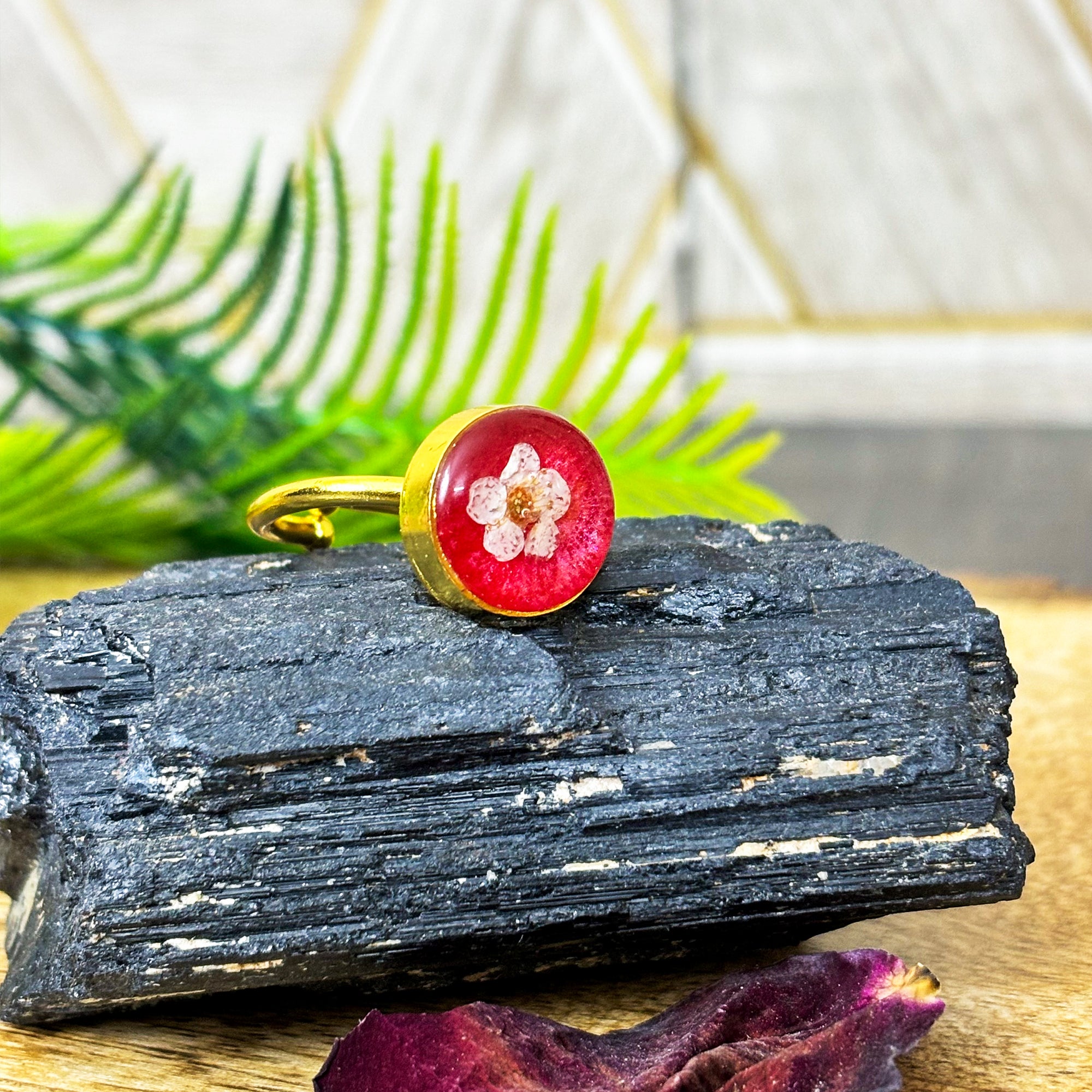 Vermilion Serenade Blossom Ring with Real Plum Flowers