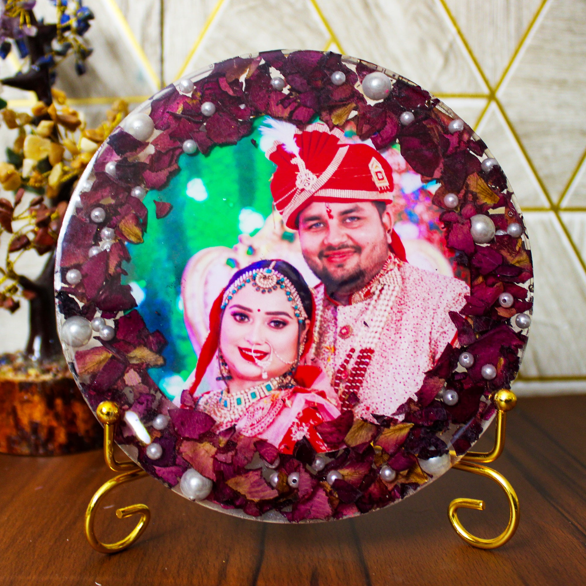 Preserved Rose Customized Photo Frame 6 Inches with Golden Stand