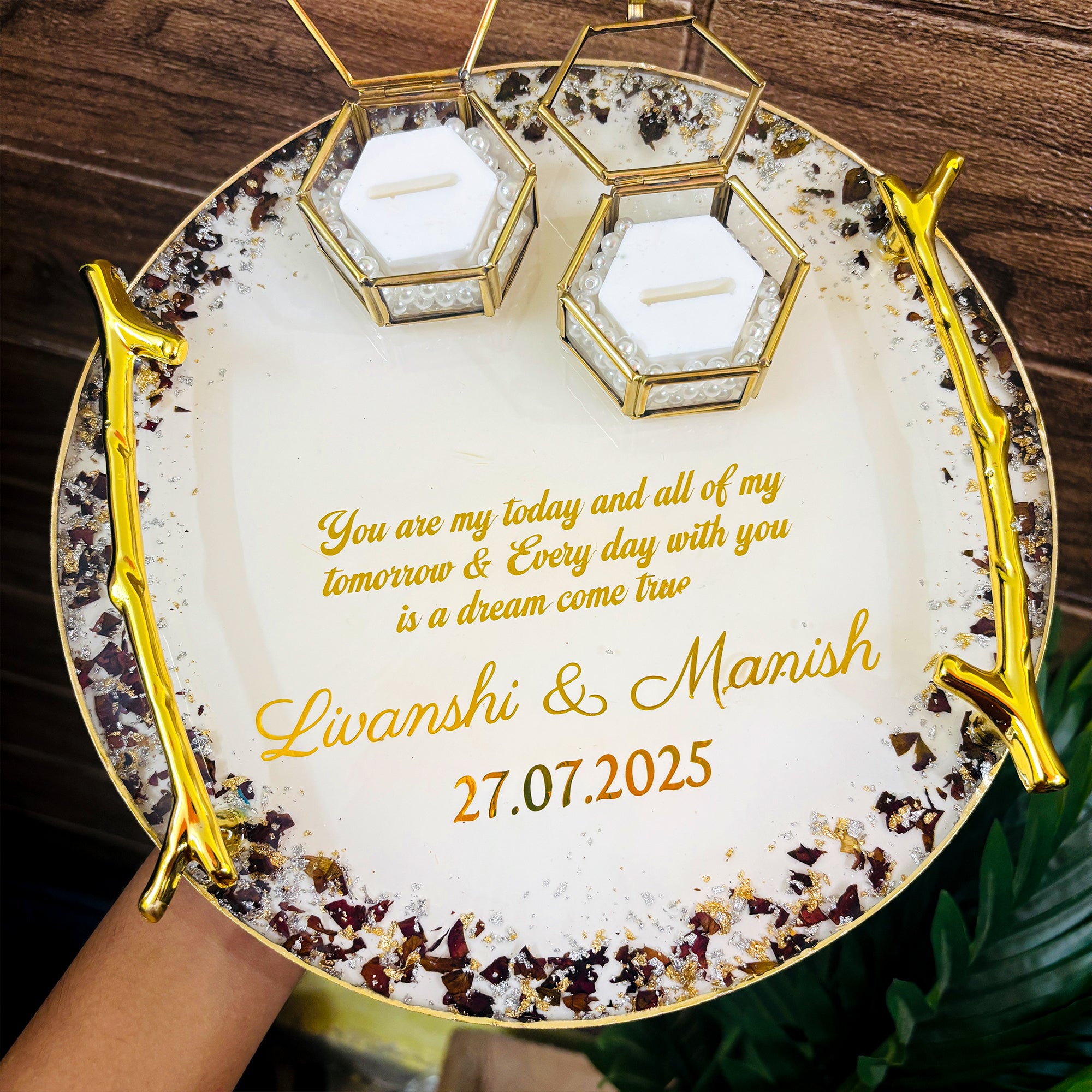 Rezica™ Royal Resin (White n Rose 2) Wedding Engagement Ring Platter with 2 Premium Ring Boxes made with Real Dry Flowers (10 Inches)