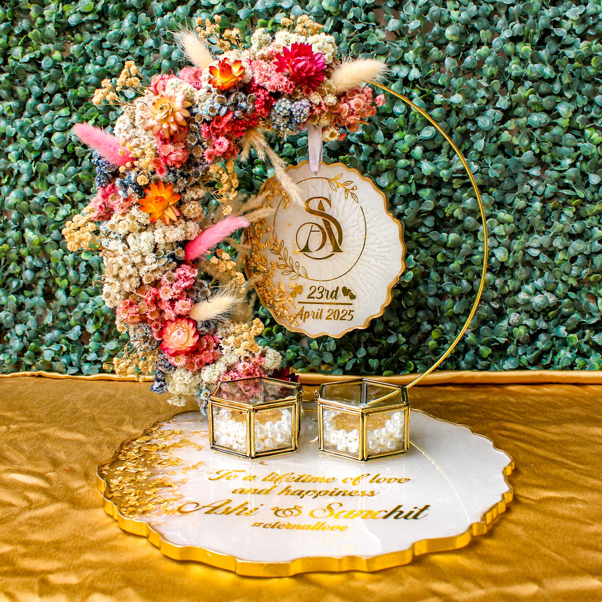 Rezica™ Royal Resin (White Multicolor Royal Floral Themed) Engagement Ring Platter with 2 Premium Ring Boxes and Heavy Flower Hoop (10 Inch Base)
