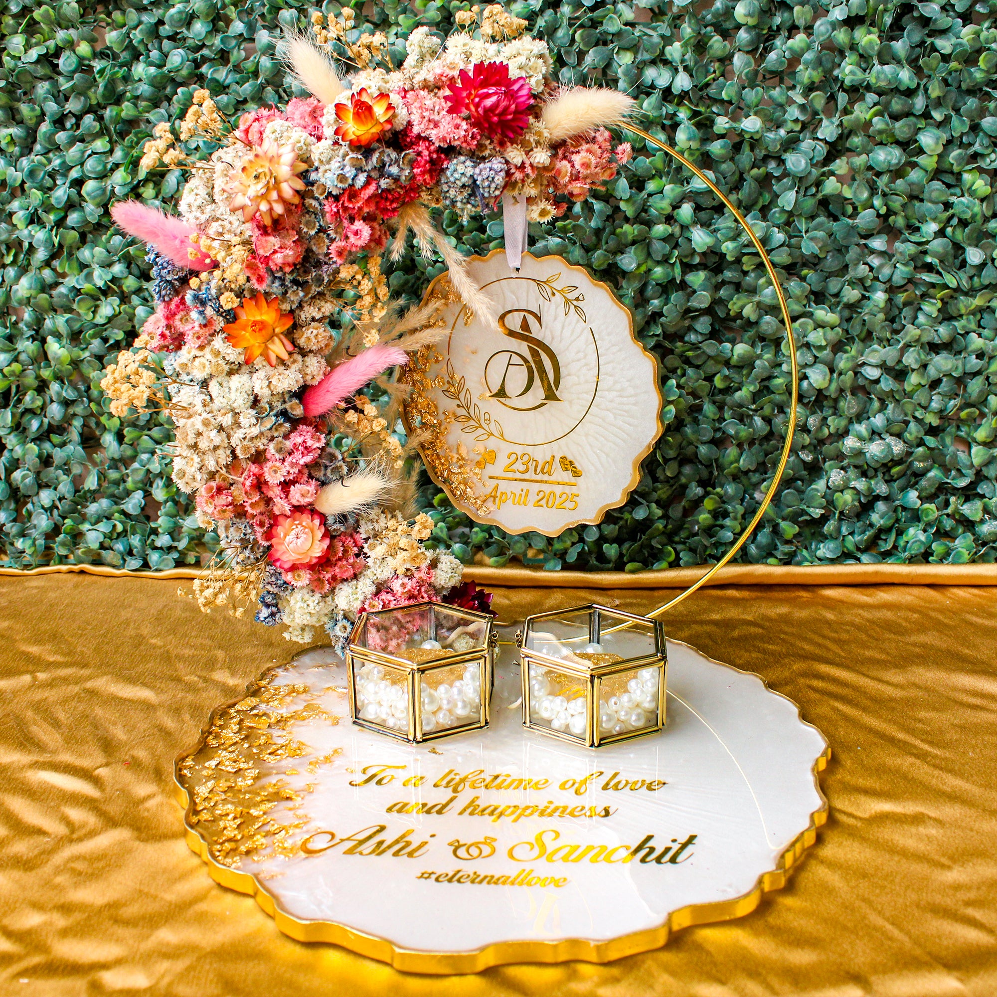Rezica™ Royal Resin (White Multicolor Royal Floral Themed) Engagement Ring Platter with 2 Premium Ring Boxes and Heavy Flower Hoop (10 Inch Base)