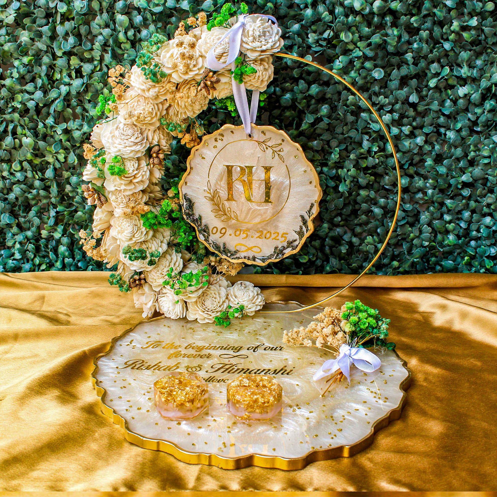 Rezica™ Royal Resin (Beige Emerald) Engagement Ring Platter with 2 Premium Ring Boxes and Heavy Flower Hoop (10 Inch Base)