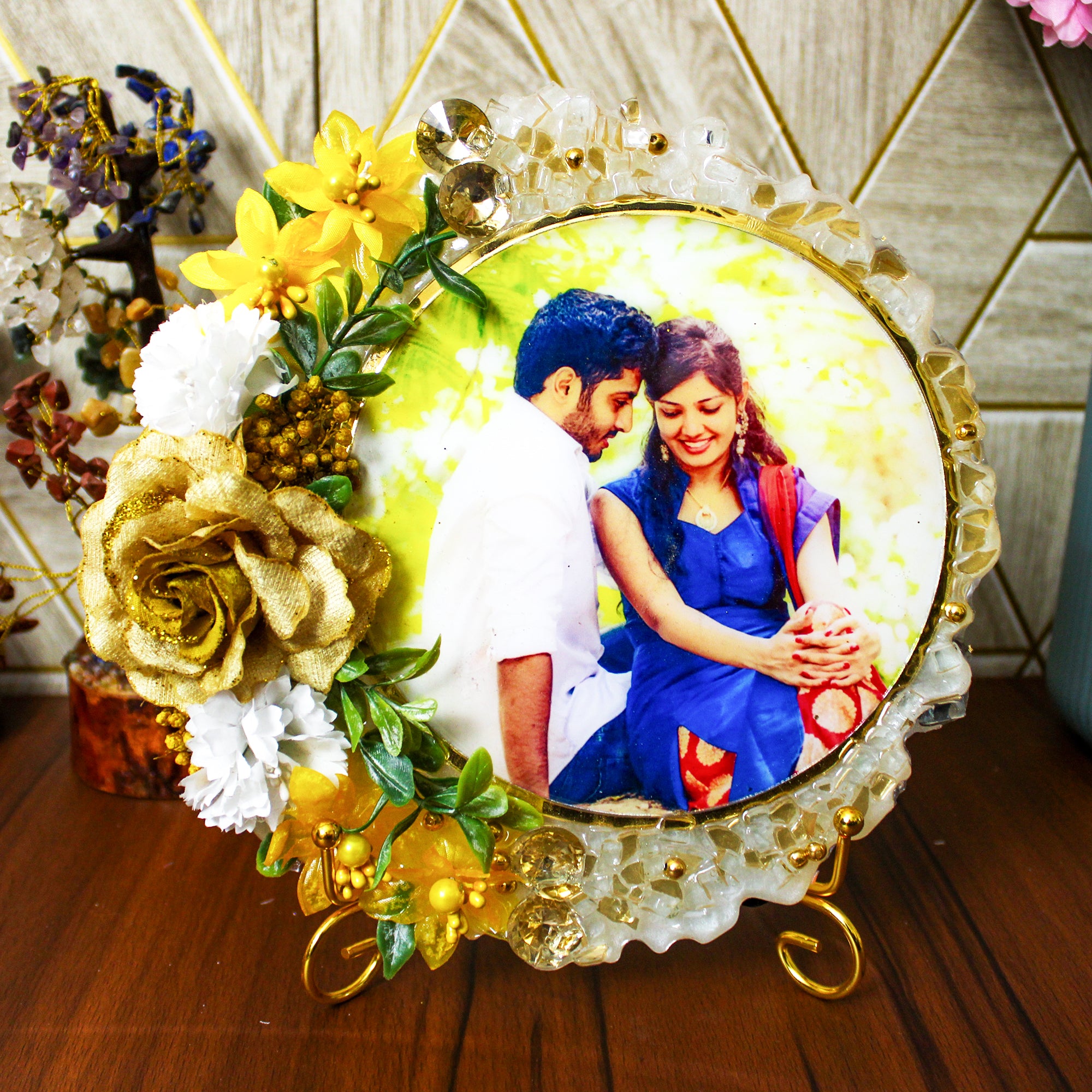 Citrine Floral Elegance Customized Photo Frame 8 Inches with Golden Stand